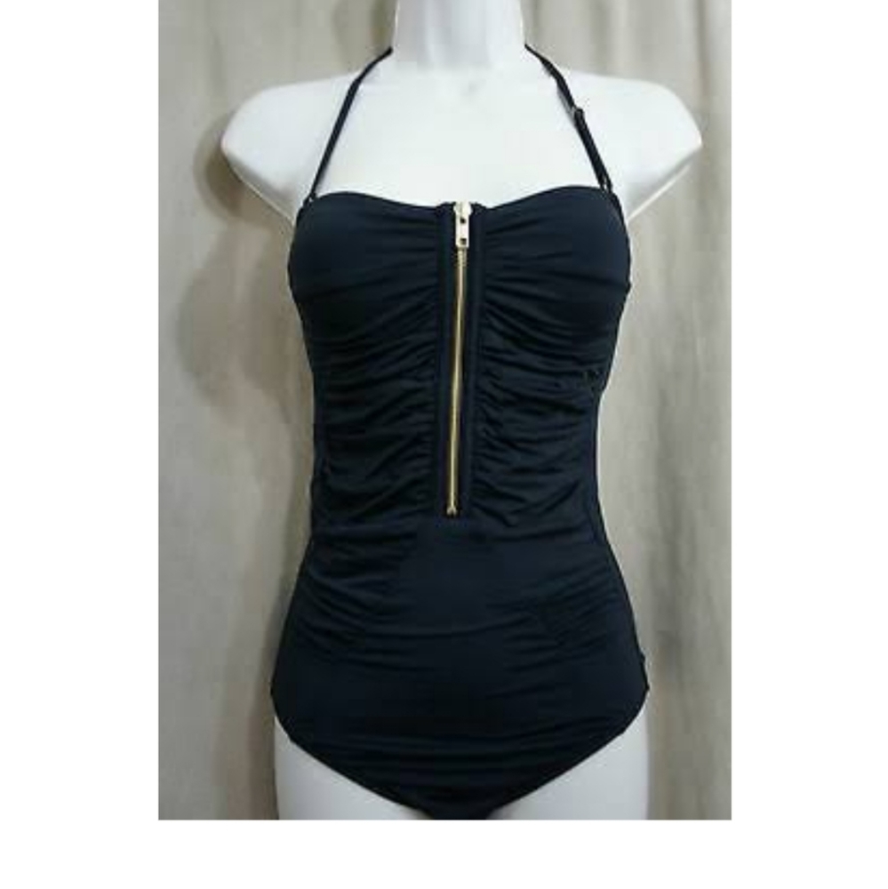 Black one piece halter swimsuit with gold accents